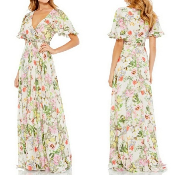 Mac Duggal Dresses & Skirts - Mac Duggal Floral V-neck Pleated Maxi Dress Gown